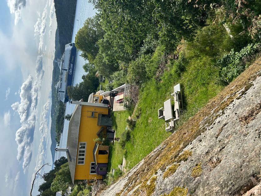 The yellow villa and garden with a cruise ship passing on the fjord